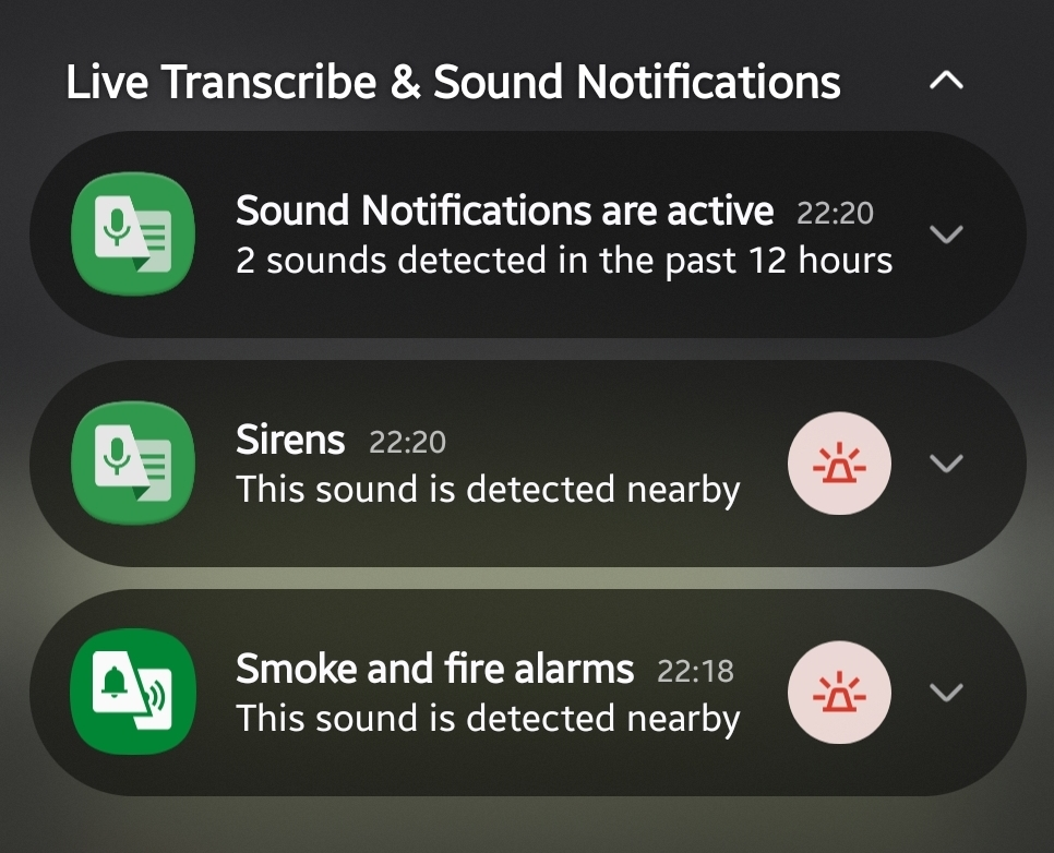 Fig. 3: A series of notifications showing the types of sounds detected. The first displays a persistent notification showing the feature is actively recording and detecting sounds. The second and third notifications are examples of detected Sirens and Smoke and fire alarm sounds.